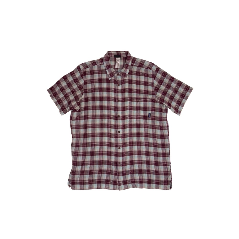 PATAGONIA A/C Steersman Shirt Mens L Maroon Plaid Organic Cotton Short Sleeve